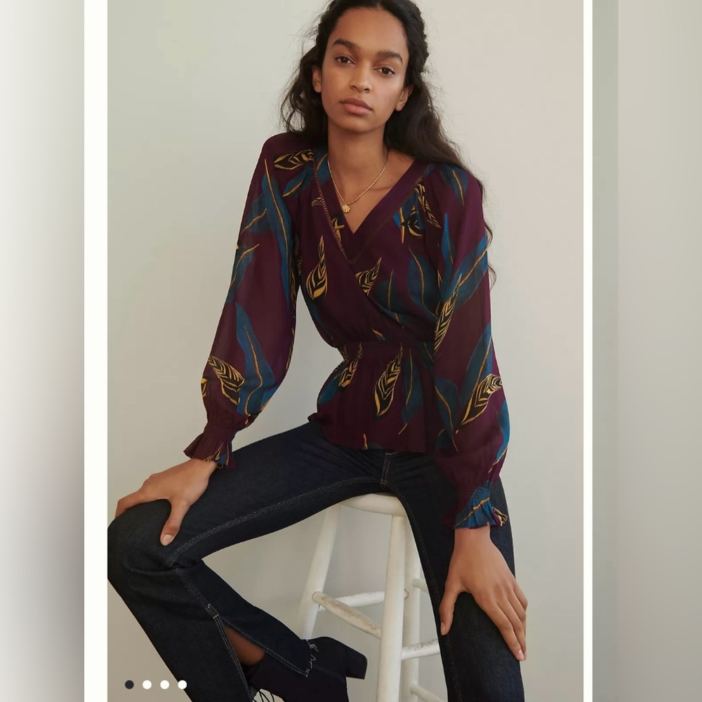Farm Rio Long Sleeve Jennifer Blouse Women's XS Purple Floral Leaf Boho Top